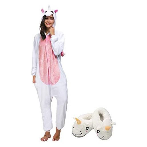 Mescara pigiama cosplay intero unisex animale costume halloween carnevale tuta attrezzatura festa party sleepwear (xl, rosa e pantofole)