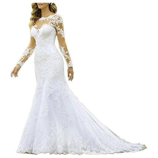 HEULORIA abito da sposa sirena perline pizzo scollo rotondo manica lunga grand vestito da sposa lungo treno me-0325 (46 plus, white)