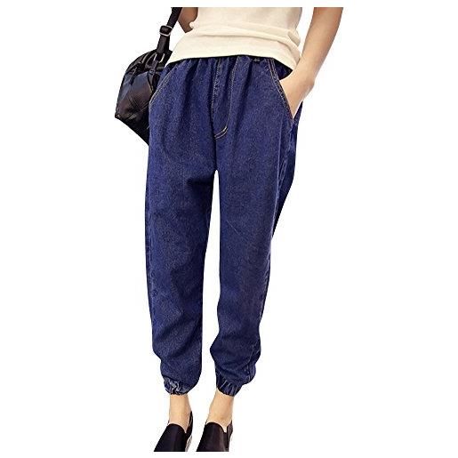 ShiFan donna cavallo basso jeans baggy elastico in vita pantaloni tasconi blu marino 5xl