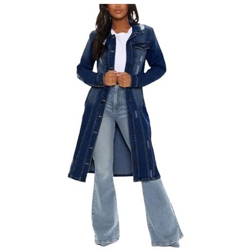 LUIFEL trench da donna in denim aderente, con bottoni, lungo, giacca di jeans slim, blu scuro, 3xl