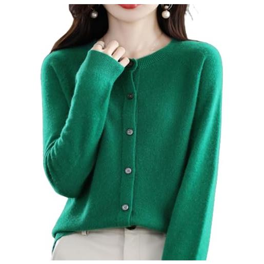 NOZEM cardigan a maniche lunghe in cashmere con bottoni sul davanti, morbido e caldo, maglione elastico in 100% cashmere, da donna, verde, m