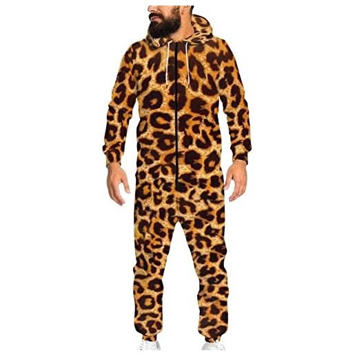 Binienty tuta con cappuccio da uomo con zip su pigiami monopezzo, stampa leopardata gialla. , xl