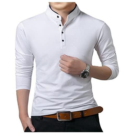 VANVENE polo casual da uomo henry camicie regular fit manica lunga/corta moda plain top, a-bianco, m