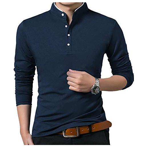VANVENE uomo casual polo henry camicie regular fit manica lunga/corta moda pianura top, a-blu, xl