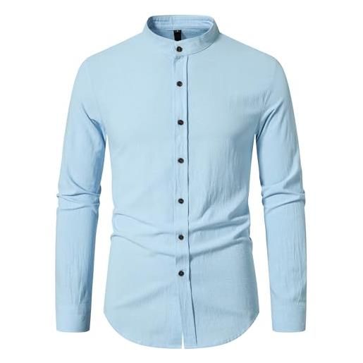 MakingDa camicia da uomo in cotone e lino con colletto alla coreana, vestibilità regolare, a maniche lunghe, casual, con bottoni, blu scuro, s