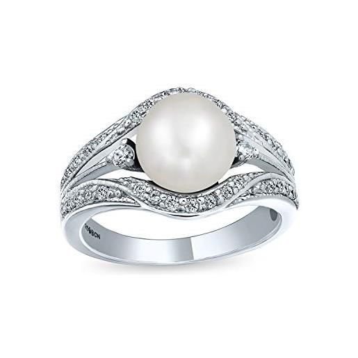 Bling Jewelry personalizza l'anello di fidanzamento da cocktail con perle coltivate bianche d'acqua dolce in stile art deco per le donne con fascia divisa tripla pave in argento sterling 925 personalizzabile