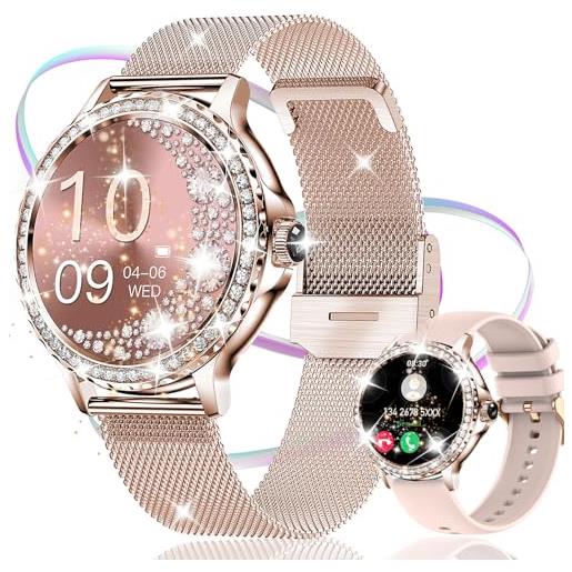HQNLSY smartwatch donna con chiamata diamond, 1,3''orologio donna con 2 cinturini, fisiologia feminile, 120 sport/cardiofrequenzimetro/spo2/sonno, notifiche messaggi, ios android (oro nobile)