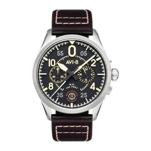 AVI-8 mens 42mm spitfire lock chronograph midnight oak japanese quartz pilot watch with leather strap av-4089-01