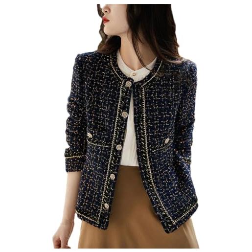 Tdvcpmkk giacca corta da donna in tweed autunnale e invernale, girocollo, versatile, blu navy, medium