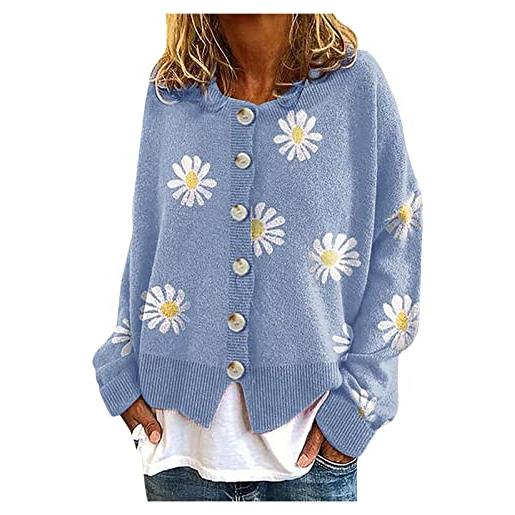 Generico cardigans sweater cropped women daisy o sleeve collo stampa long top coat women's cardigan giacca autunno (aa-blue, m)