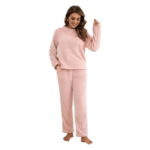YBRAVO pigiama da donna invernale, morbido pigiama set in pile, pigiama in caldo cotone pile di flanella, pigiama set ispessimento coppie casa (xl, pink)