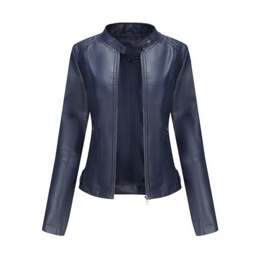 PengGengA giacca da motociclista da donna, in ecopelle, con colletto alla coreana, con cerniera, corta, blu scuro, s