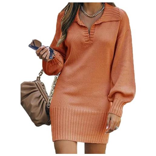 LAZIRO maglia da donna di media lunghezza vestito con risvolto e manica a lanterna maglia a colori solidi abiti corti a manica lunga