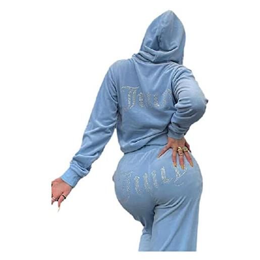 Chahuer completo da donna in velluto con strass da donna, completo con cerniera, bm, con cappuccio e pantaloni da jogging, due pezzi blu m