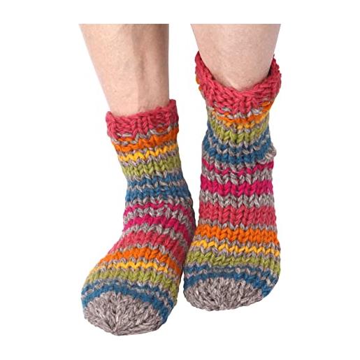 Pachamama calzini da donna in 100% lana lavorato a mano a righe arcobaleno multicolore, misura media 4-7, fatti a mano, extra caldo, grigio, multicolore