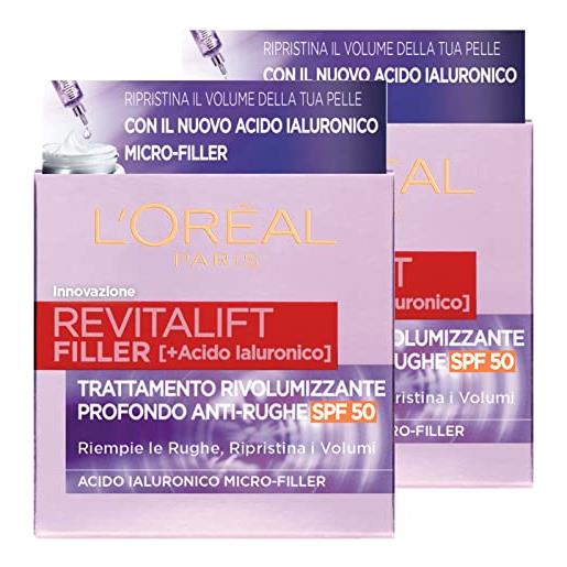 L'Oréal Paris revitalift filler crema giorno trattamento rivolumizzante profondo antirughe protezione spf50 con acido ialuronico micro-filler - 2 barattoli da 50ml
