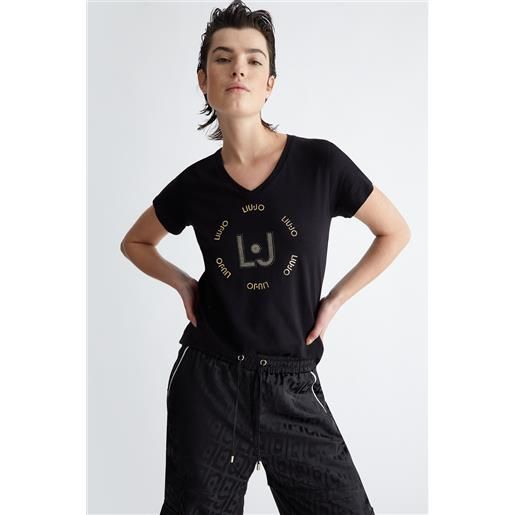 LIU JO t-shirt nera donna LIU JO scollo v e logo oro 4137