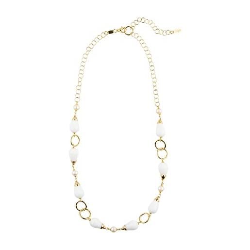 ECLETTIKA, collana in argento 925 - placcata oro con perle e pietre naturali - perla bianca di fiume - agata bianca