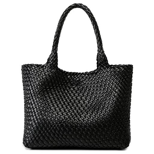 Queenoris borsa intrecciata per donna, borsa a tracolla in pelle vegana, borsa da viaggio grande, nero