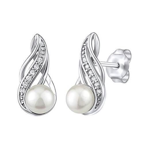 SILVEGO orecchini da donna in argento sterling 925 con vera perla bianca e zirconi 8 x 16 mm, argento, perla
