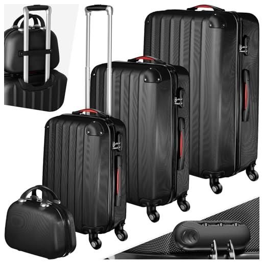 TecTake® set valigie pucci, set di valigie con rotelle girevoli a 360°, beauty case incluso, trolley da viaggio, serratura di sicurezza, adatto per tutti i tipi di viaggi - nero