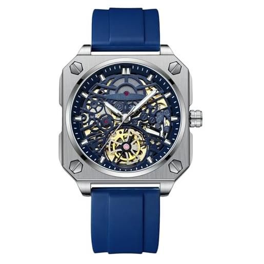 RORIOS orologio da uomo automatico meccanico orologi da polso minimalista scheletrato orologi casuale impermeabile orologi cinturino in silicone bianco blu b