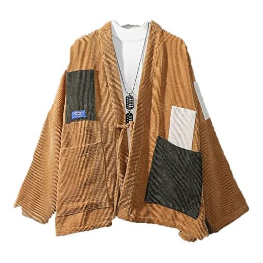 INGVY bomber giacca primavera da uomo in velluto a coste kimono stile cappotto allentato grandi tasche blocco colore (colore: kaki, taglia: m)