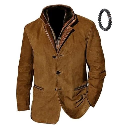 MAOAEAD giacca da uomo vintage in pile scamosciato, blazer con colletto con risvolto, per l'inverno, in finta pelle scamosciata, giacca occidentale da uomo (foderato in pile marrone, l)