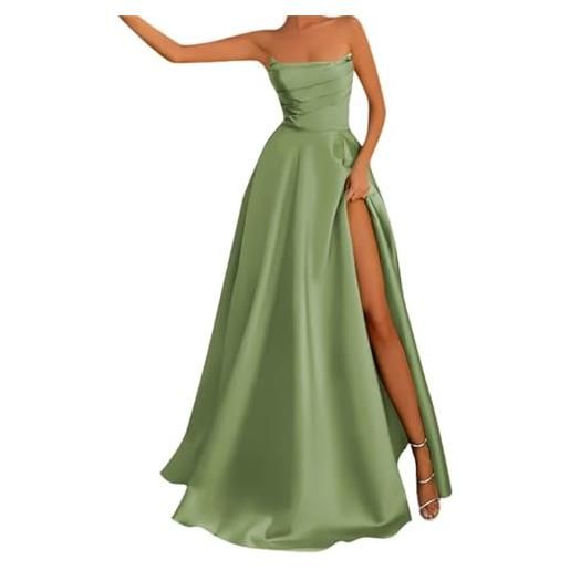 SAYNO abiti da ballo con spalle scoperte per le donne abiti da sera formali in raso increspato con fessura, verde oliva, 44