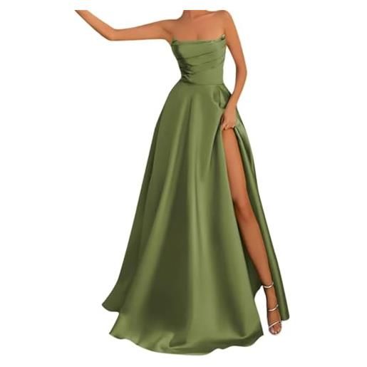 SAYNO abiti da ballo con spalle scoperte per le donne abiti da sera formali in raso increspato con fessura, verde salvia, 40
