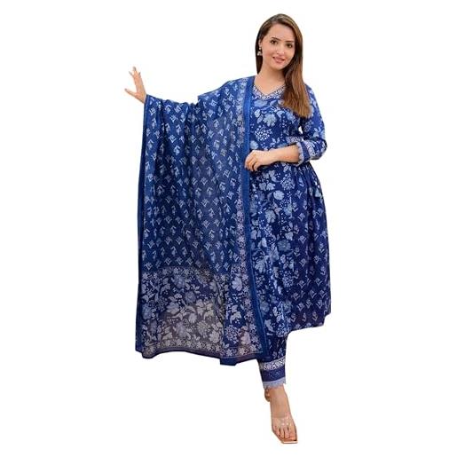 IMTRA FASHION abito da lavoro da donna in rayon kurti con pantaloni afgani e dupatta set floreale stampato pizzo, blu, xx-large