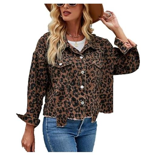 VIVICOLOR cappotto in jeans con tasche frontali leopardate da donna cappotto in denim con stampa leopardata capispalla