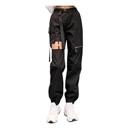 YANFJHV pantaloni casual da donna con fibbia cava con chiusura lampo, stile punk, vita alta, pantaloni lunghi, maniche corte, nero , m