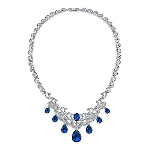 Bling Jewelry gioielli d'epoca in stile art deco con baguette aaa cz zaffiro blu simulato grandi gocce pendenti a cascata collana a collo di cigno dichiarativa per donne matrimonio