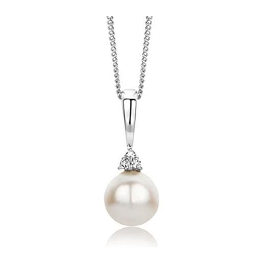 Miore collana donna perla di fiume con catena, con diamanti taglio brillante oro bianco 9 kt / 375 catenina cm 45