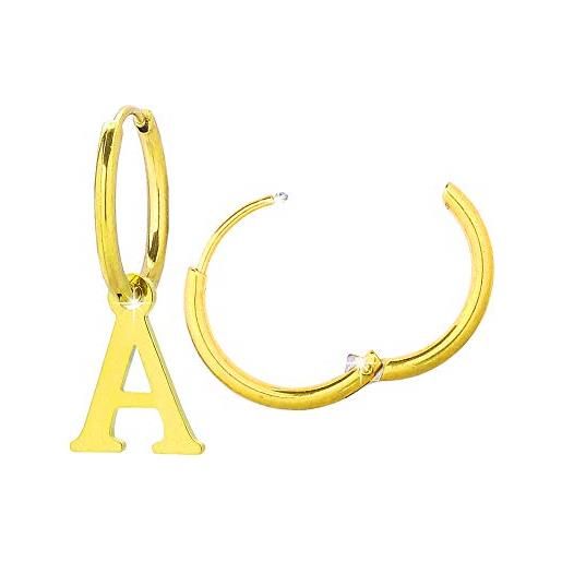 Beloved orecchini da donna a cerchio in acciaio - uno con iniziale e uno a cerchietto semplice - per lobi forati - chiusura a scatto (gold lettera a)