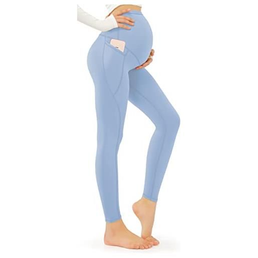 JOYSPELS leggings premaman sopra la pancia con tasche non trasparenti allenamento gravidanza leggings, azzurro, m
