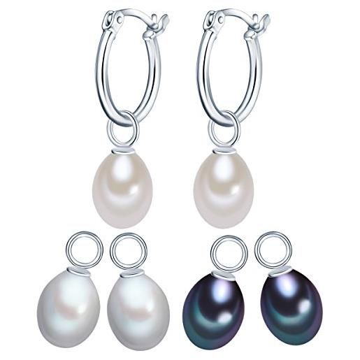 Valero Pearls set di 3 creolen da donna in argento sterling 925 con rodio con perle coltivate d'acqua dolce bianco grigio chiaro blu pavone 60200562