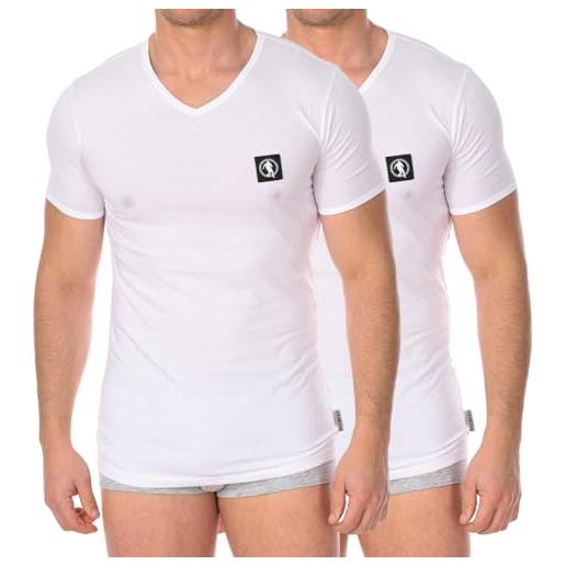 Bikkembergs bi pack, t-shirt intima da uomo, collo a v, in cotone stretch l bianco