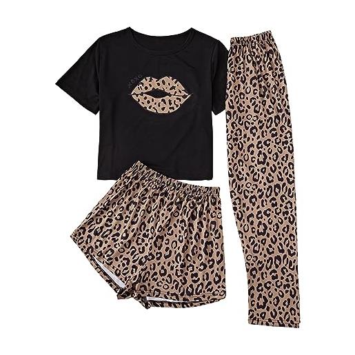 GORGLITTER pigiama da donna, 3 pezzi, leopardato, set da biancheria da notte con maglietta, nero , m