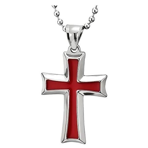 COOLSTEELANDBEYOND croce collana pendente con rosso smalto, uomo donna croce ciondolo, acciaio inossidabile, palla catena 60cm