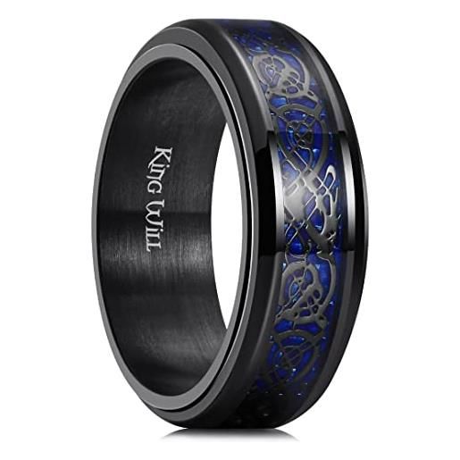 King Will anello fidget nero con drago celtico, anello in acciaio inox blu/rosso intarsio in fibra di carbonio 8 mm anello ansia per uomini e donne, q 1/2(58.25mm), acciaio inossidabile, nessuna