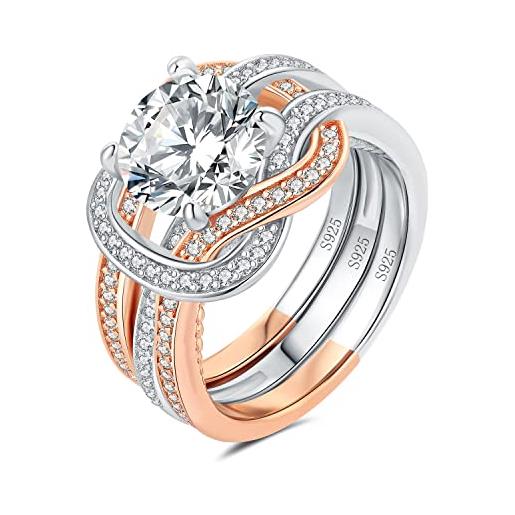 JewelryPalace 3ct classico anello solitario donna argento con cubica zirconia, infinito anelli impilabili donna 925 con pietra a taglio rotondo, fedi nuziali oro rosa fidanzamento set gioielli donna