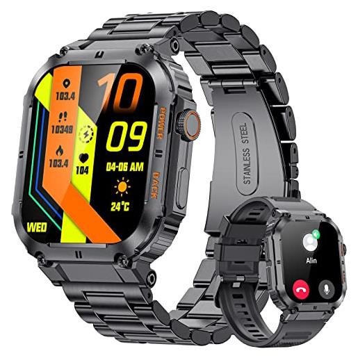 FOXBOX smartwatch uomo orologio, 1.96 militari smart watch con le chiamate bluetooth, 80+ modalità sport, cardiofrequenzimetro, notifiche whats. App impermeabile fitness tracker di attività per android ios