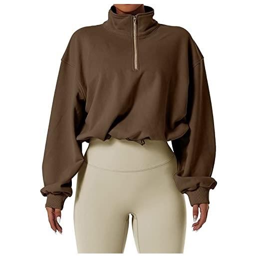 GXIN top da allenamento donna mezza zip crop felpa collo alto manica lunga pullover sport outdoor cropped tops (l, marrone cammello)