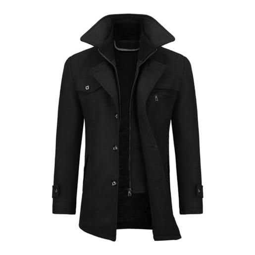 Allthemen cappotto da uomo in lana trench slim fit da lavoro corto business trench coat soft touch calda invernale coat nero m