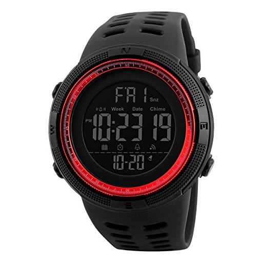 SKMEI orologio digitale da ragazzo, impermeabile, 50 m, con led, orologio sportivo a forma di 12 o 24 ore, con allarme cronometro a 6 chiusure, nero e rosso, taille unique, cinghia