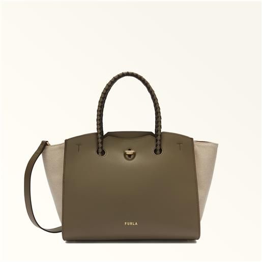 Furla genesi borsa shopping sage verde pelle di vitello morbida + tessuto di canvas donna