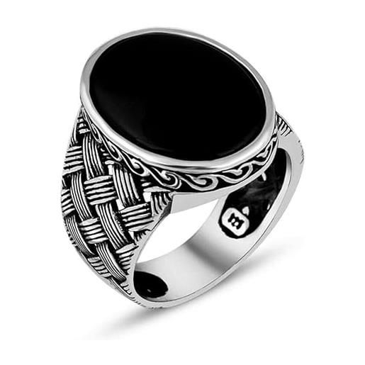 SOHO SILVERS anello da uomo in argento in pietra di onice nero con motivi a maglia, anello ovale in argento in onice da uomo, anello in stile ottomano fatto a mano, regalo per l'anello di classe | 16