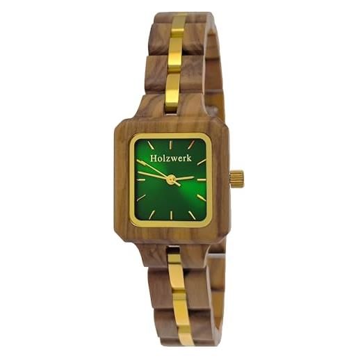 Holzwerk Germany orologio da donna, realizzato a mano, ecologico, in legno, marrone, verde, oro, in legno, analogico, quadrato, classico, al quarzo, marrone/verde, standard